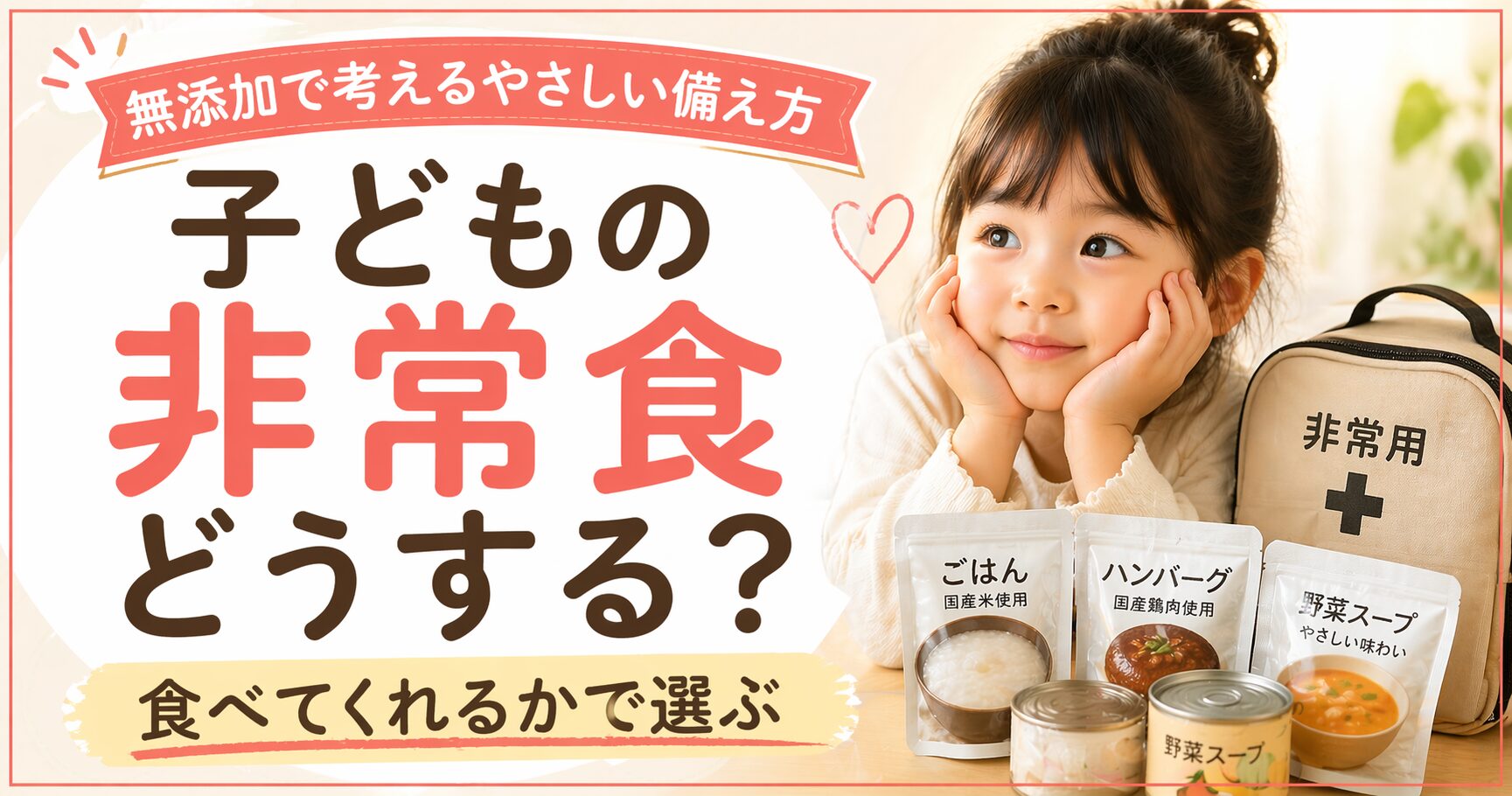 子どもの非常食どうする？食べてくれるかで選ぶ無添加の備え方を解説したアイキャッチ画像
