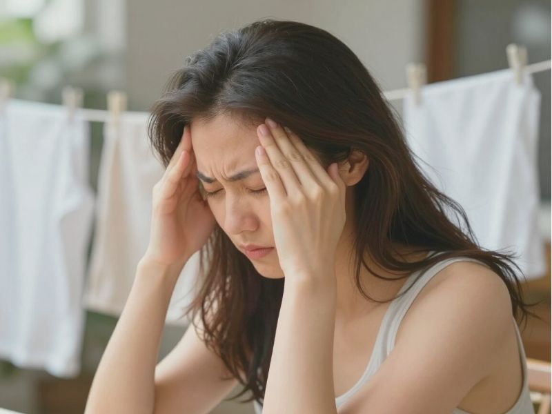 柔軟剤の香りで頭痛がする女性の画像