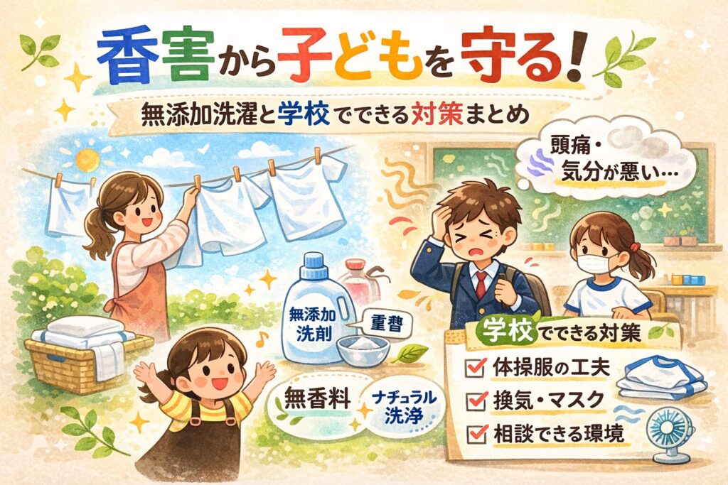 香害から子どもを守るための無添加洗濯の方法と学校でできる対策を解説したイラスト