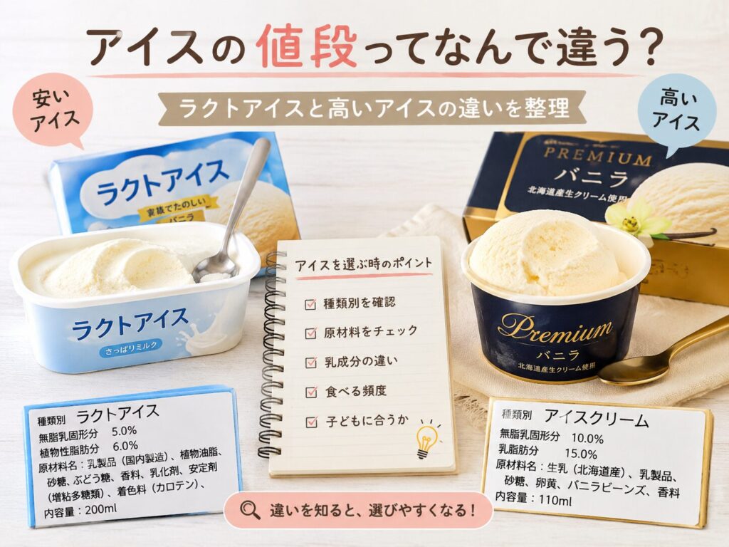 アイスの値段の違いをラクトアイスと高いアイスで比較しているイメージ