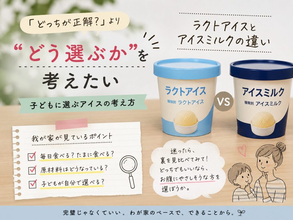 ラクトアイスとアイスミルクの違いを子ども目線で比較しているイメージ